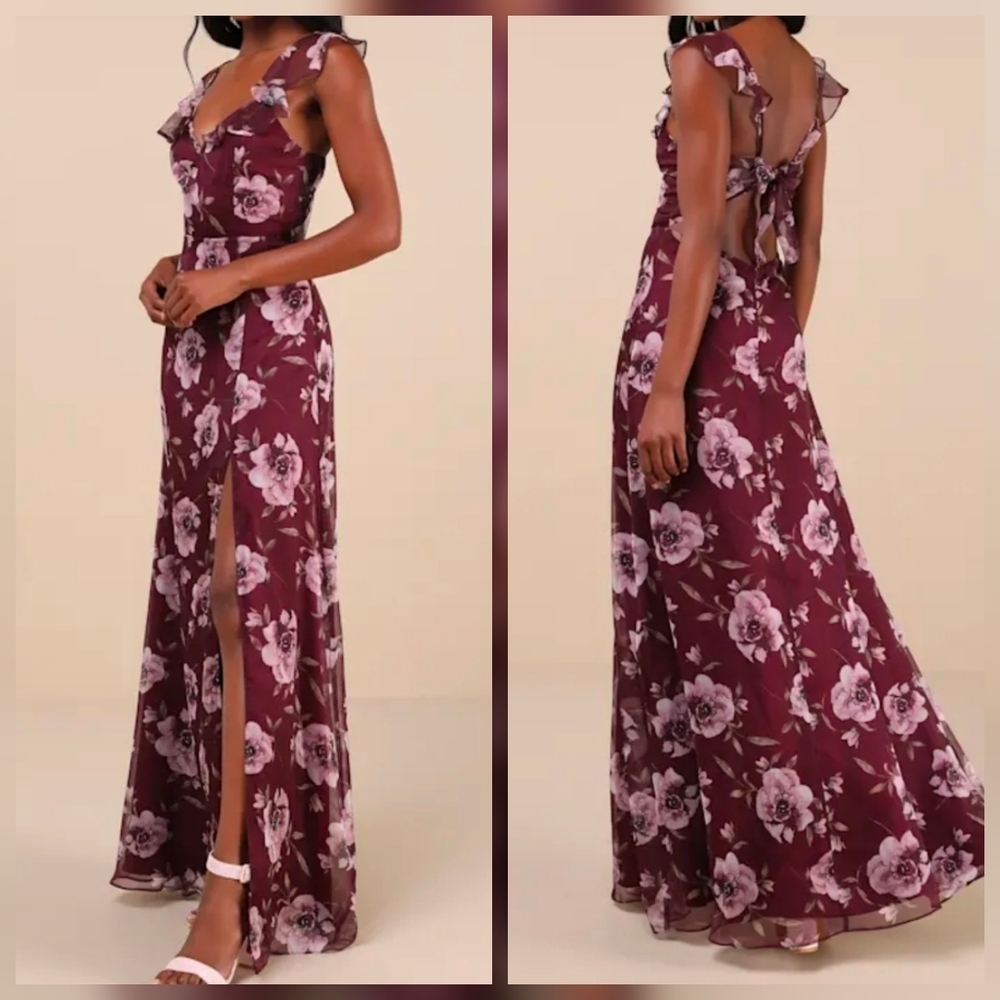 Lulus XS Sweetest Entrance Plum Purple Floral Ruffled Tie-Back Maxi Dress XS